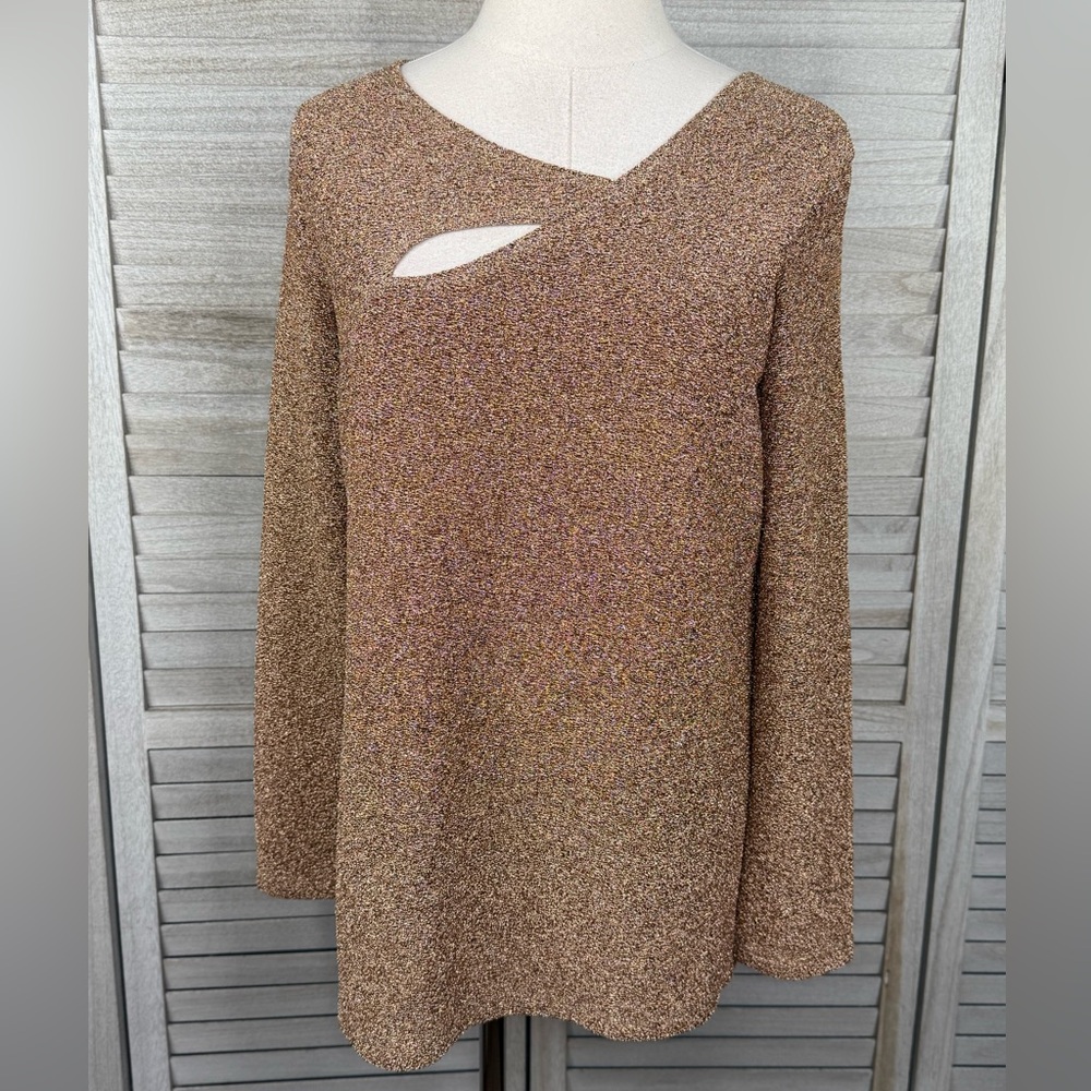CLARA SUN WOO Bronze Metallic Long Sleeve Cutout Top-Medium